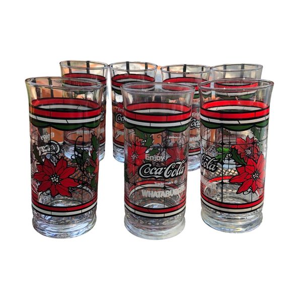 Lot of 7 Coca-Cola & Whataburger Christmas Stained Glass Beverage Glasses - Picture 6 of 8